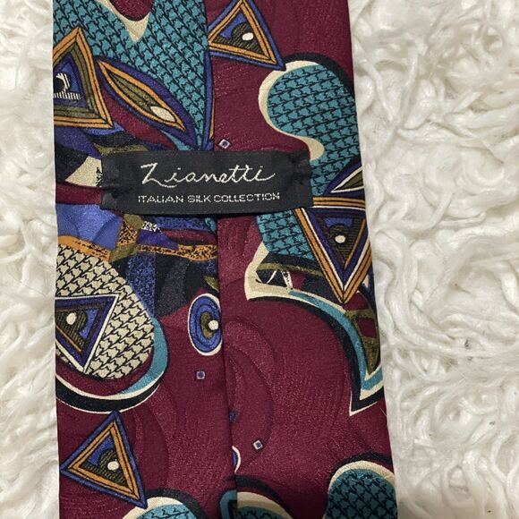 Zianetti Men’s Neck Tie Abstract Art Design Burgundy 100% Silk Vintage Italy - Picture 2 of 3